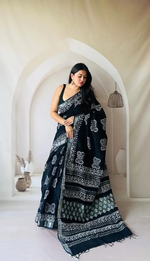 Hand Block Printed Pure Linen Saree with Cotton Blouse Piece | Elegant Ethnic Wear