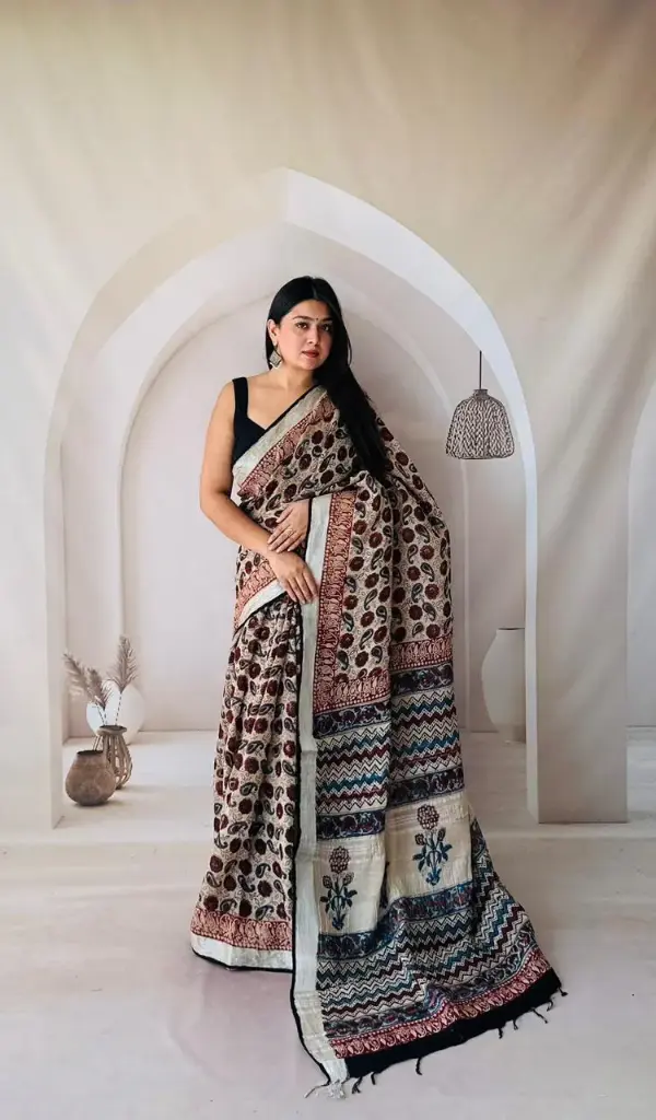 Hand Block Printed Pure Linen Saree with Cotton Blouse Piece | Elegant Ethnic Wear