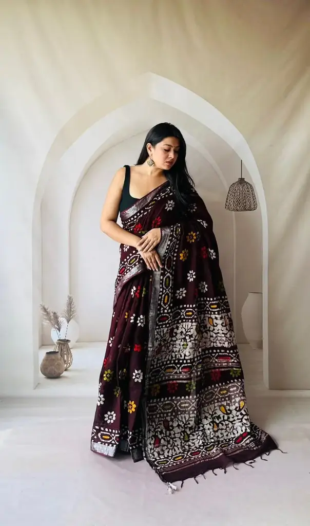 Hand Block Printed Pure Linen Saree with Cotton Blouse Piece | Elegant Ethnic Wear