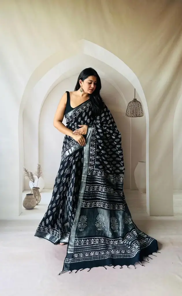 Hand Block Printed Pure Linen Saree with Cotton Blouse Piece | Elegant Ethnic Wear