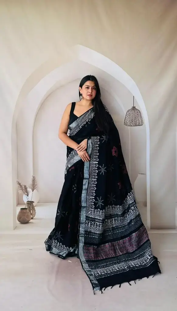 Hand Block Printed Pure Linen Saree with Cotton Blouse Piece | Elegant Ethnic Wear