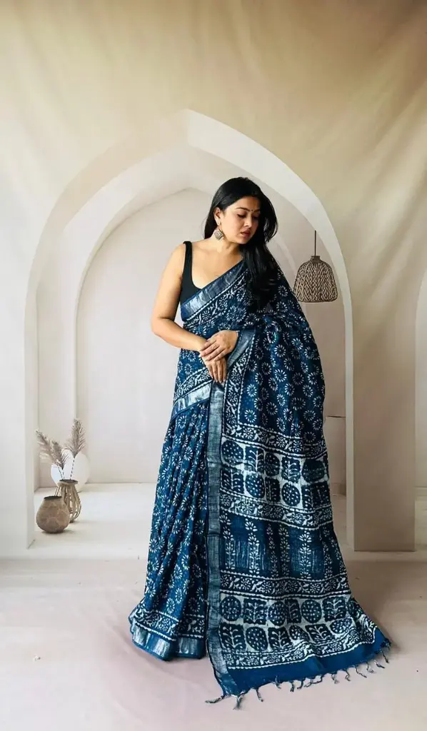 Hand Block Printed Pure Linen Saree with Cotton Blouse Piece | Elegant Ethnic Wear