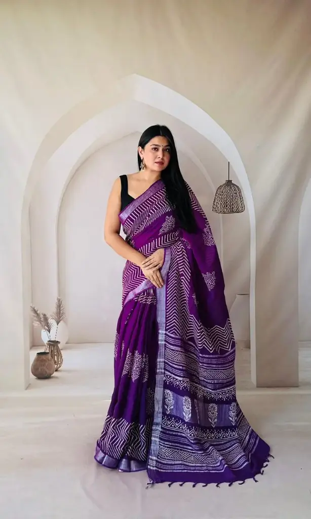Hand Block Printed Pure Linen Saree with Cotton Blouse Piece | Elegant Ethnic Wear