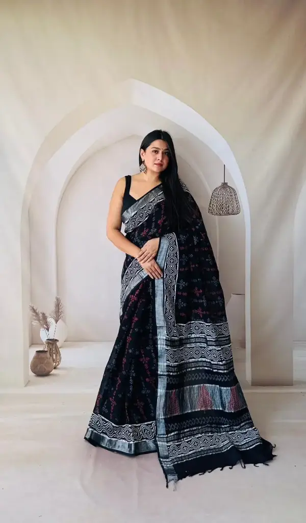 Hand Block Printed Pure Linen Saree with Cotton Blouse Piece | Elegant Ethnic Wear