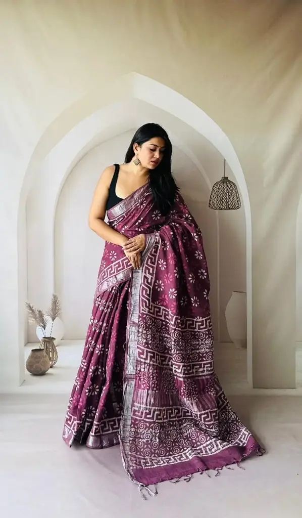 Hand Block Printed Pure Linen Saree with Cotton Blouse Piece | Elegant Ethnic Wear