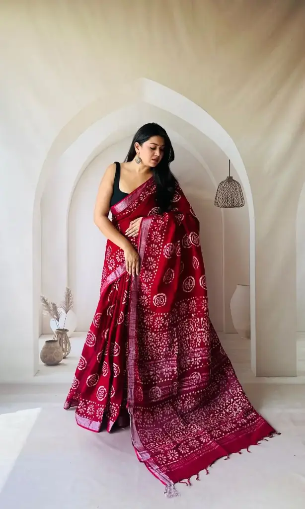 Hand Block Printed Pure Linen Saree with Cotton Blouse Piece | Elegant Ethnic Wear