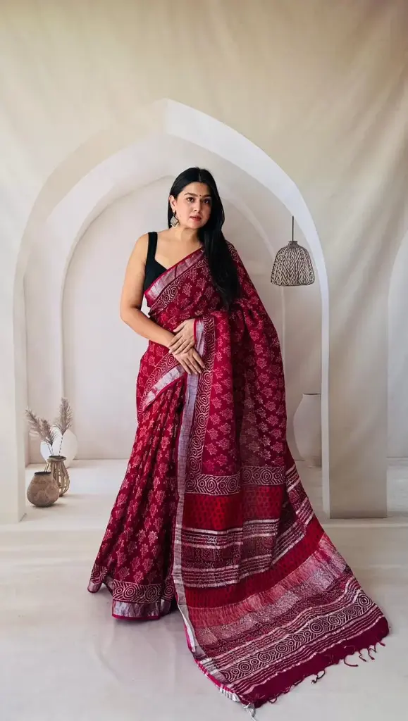 Hand Block Printed Pure Linen Saree with Cotton Blouse Piece | Elegant Ethnic Wear