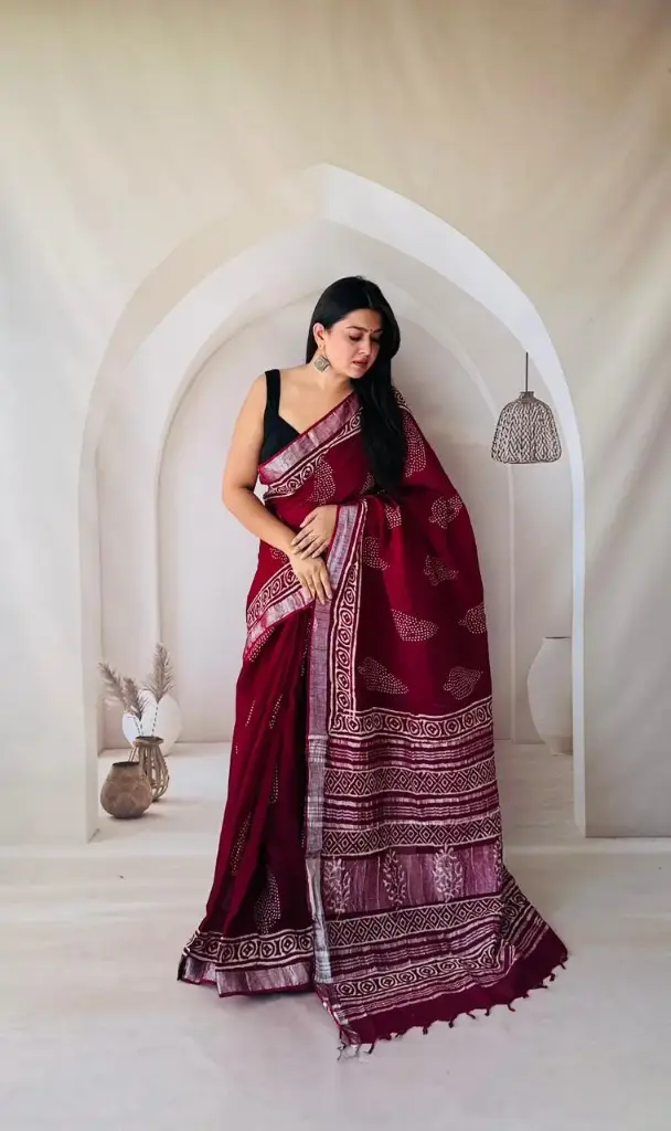 Hand Block Printed Pure Linen Saree with Cotton Blouse Piece | Elegant Ethnic Wear