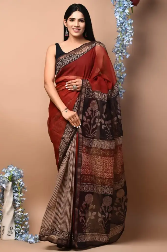 Premium Handcrafted Kota Doriya Saree – Hand Block Printed (Dabu, Bagru, Jahota) with Blouse Piece