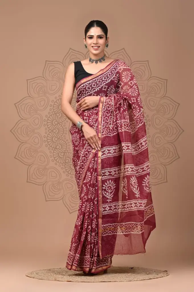 Premium Handcrafted Kota Doriya Saree – Hand Block Printed (Dabu, Bagru, Jahota) with Blouse Piece