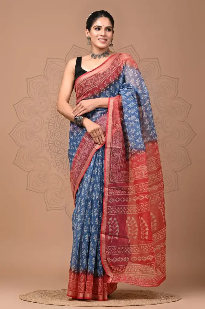 Premium Handcrafted Kota Doriya Saree – Hand Block Printed (Dabu, Bagru, Jahota) with Blouse Piece