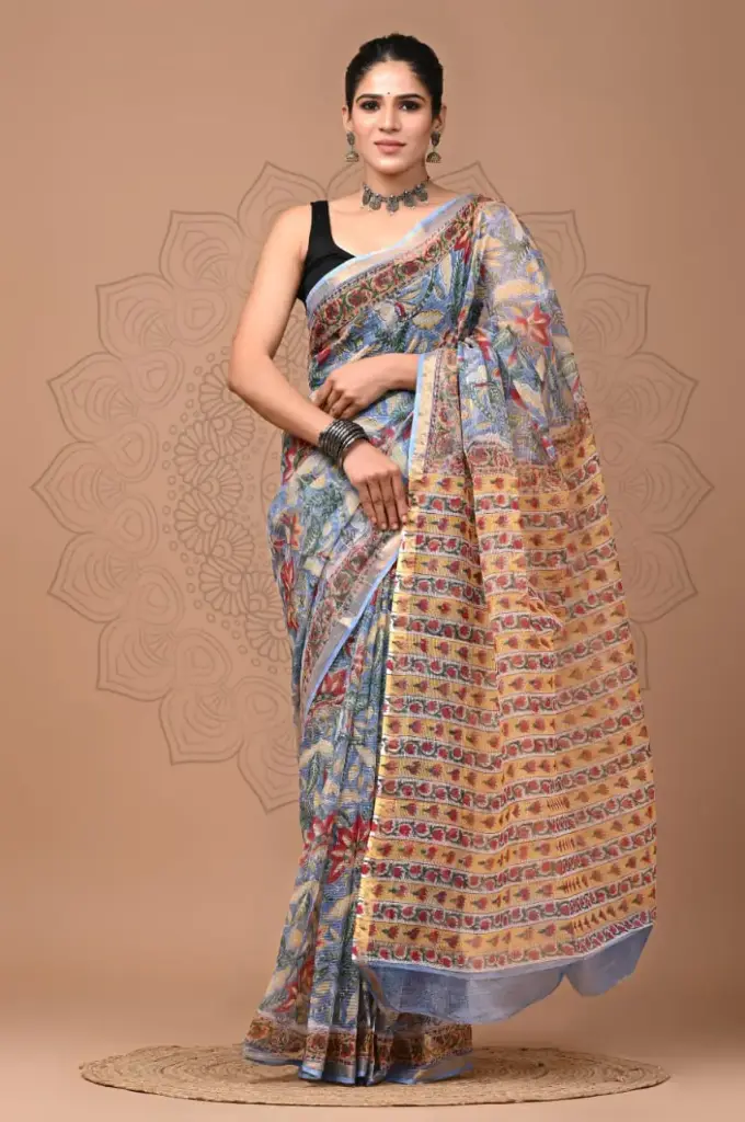 Premium Handcrafted Kota Doriya Saree – Hand Block Printed (Dabu, Bagru, Jahota) with Blouse Piece
