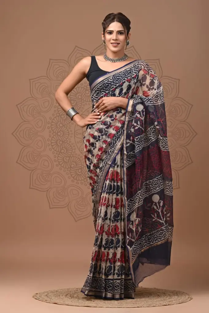 Premium Handcrafted Kota Doriya Saree – Hand Block Printed (Dabu, Bagru, Jahota) with Blouse Piece