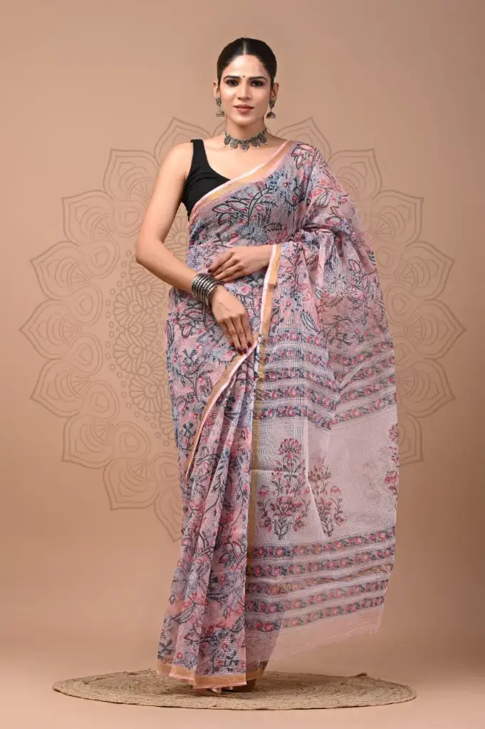 Premium Handcrafted Kota Doriya Saree – Hand Block Printed (Dabu, Bagru, Jahota) with Blouse Piece