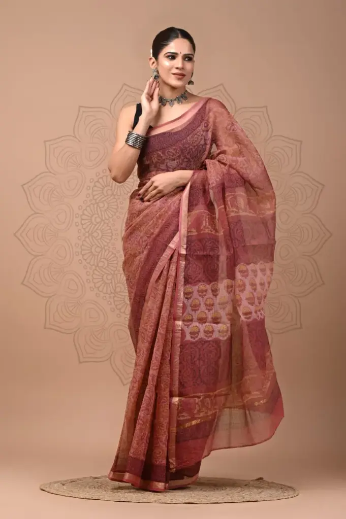 Premium Handcrafted Kota Doriya Saree – Hand Block Printed (Dabu, Bagru, Jahota) with Blouse Piece