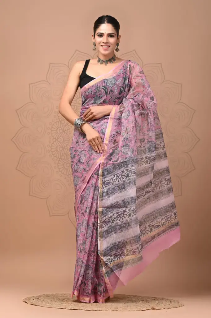 Premium Handcrafted Kota Doriya Saree – Hand Block Printed (Dabu, Bagru, Jahota) with Blouse Piece