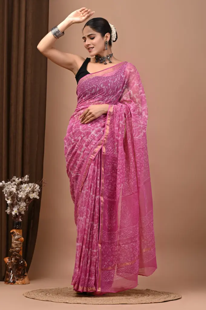 Premium Handcrafted Kota Doriya Saree – Hand Block Printed (Dabu, Bagru, Jahota) with Blouse Piece