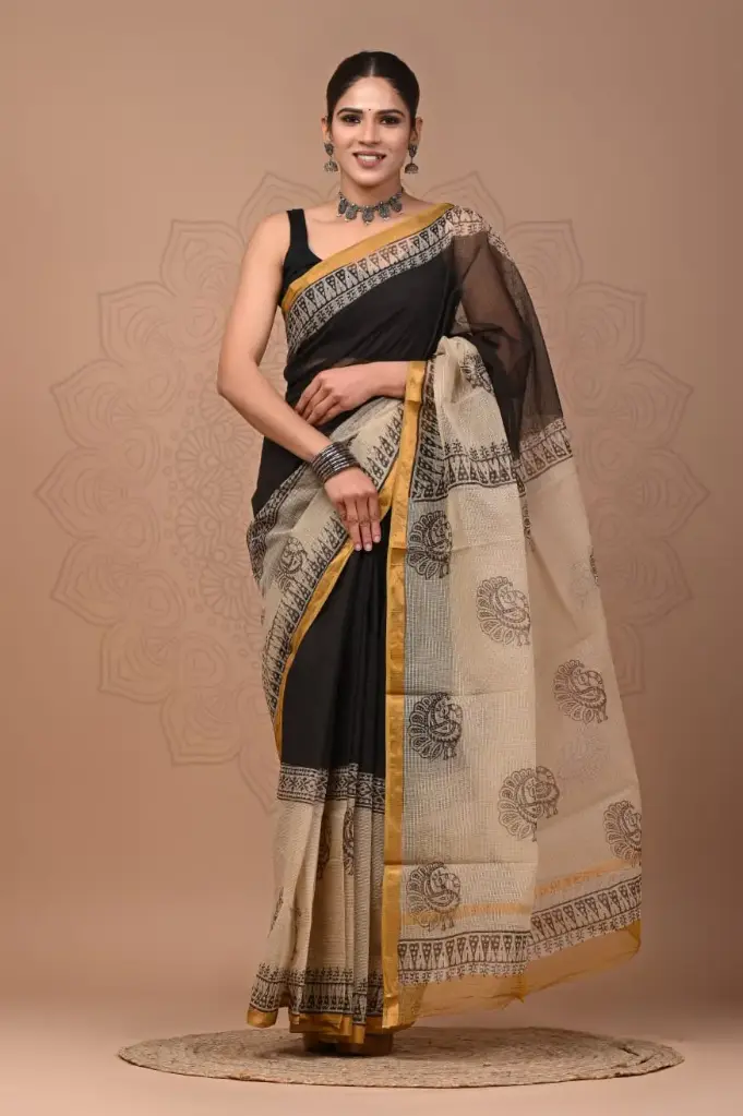 Premium Handcrafted Kota Doriya Saree – Hand Block Printed (Dabu, Bagru, Jahota) with Blouse Piece