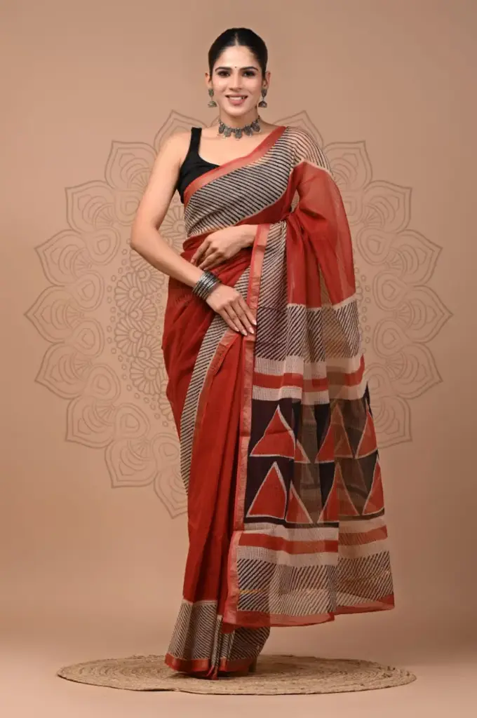 Premium Handcrafted Kota Doriya Saree – Hand Block Printed (Dabu, Bagru, Jahota) with Blouse Piece