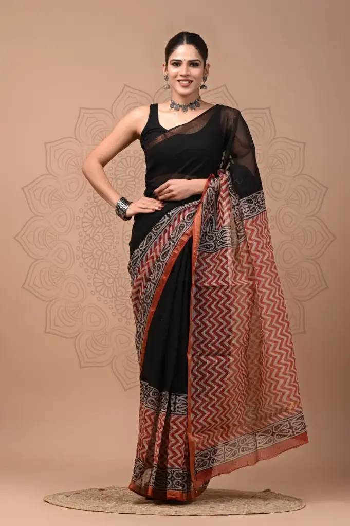 Premium Handcrafted Kota Doriya Saree – Hand Block Printed (Dabu, Bagru, Jahota) with Blouse Piece