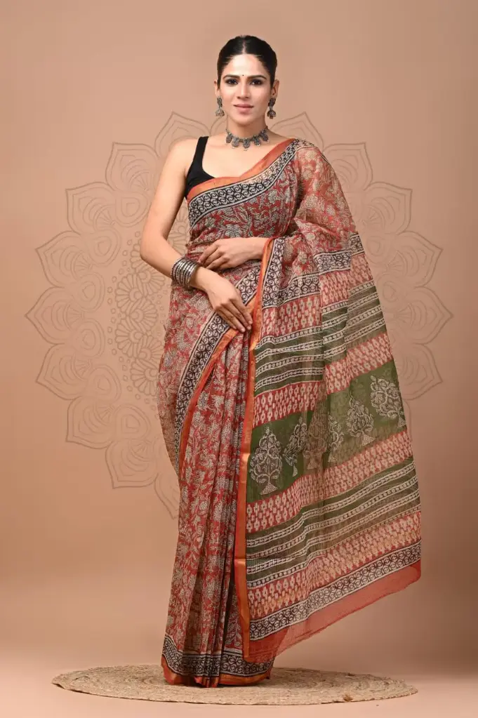 Premium Handcrafted Kota Doriya Saree – Hand Block Printed (Dabu, Bagru, Jahota) with Blouse Piece