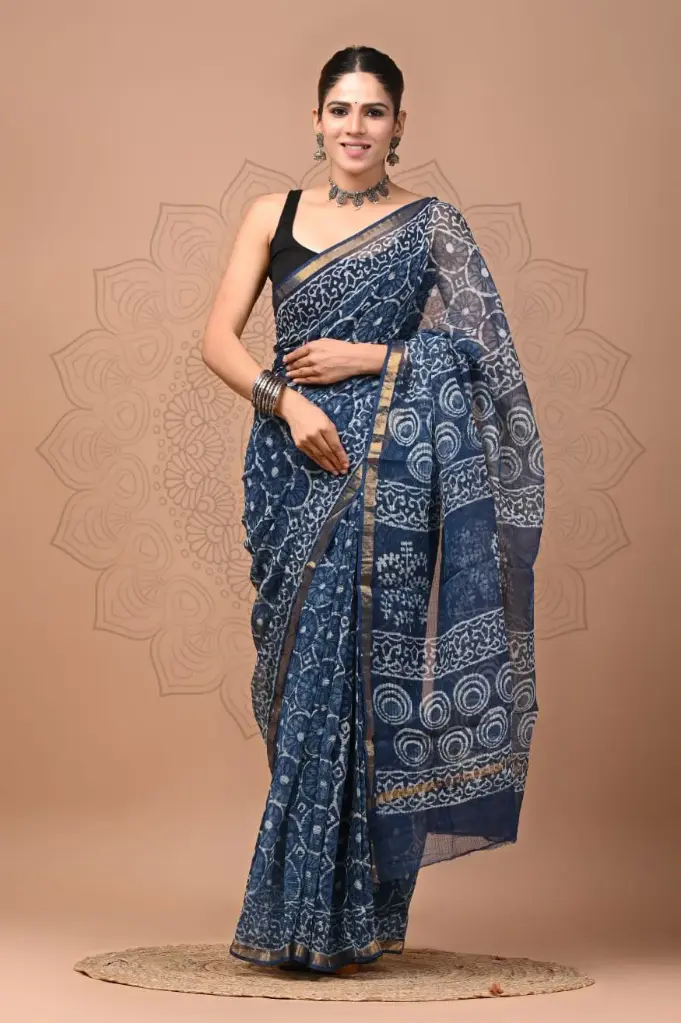 Premium Handcrafted Kota Doriya Saree – Hand Block Printed (Dabu, Bagru, Jahota) with Blouse Piece