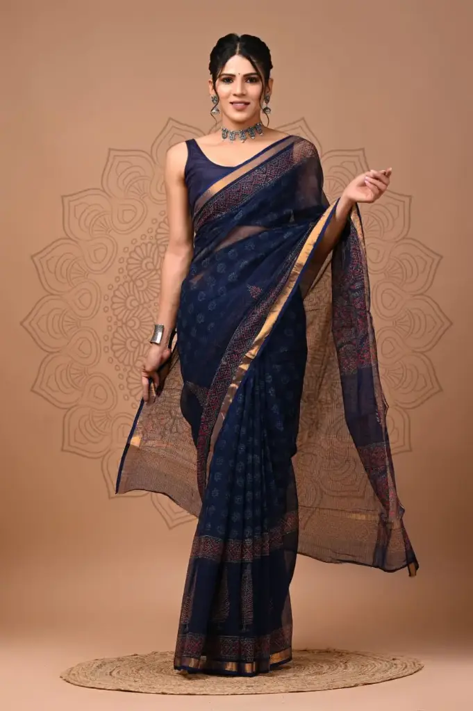Premium Handcrafted Kota Doriya Saree – Hand Block Printed (Dabu, Bagru, Jahota) with Blouse Piece