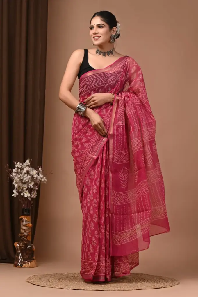 Premium Handcrafted Kota Doriya Saree – Hand Block Printed (Dabu, Bagru, Jahota) with Blouse Piece