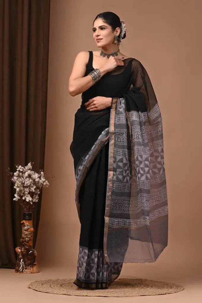 Premium Handcrafted Kota Doriya Saree – Hand Block Printed (Dabu, Bagru, Jahota) with Blouse Piece