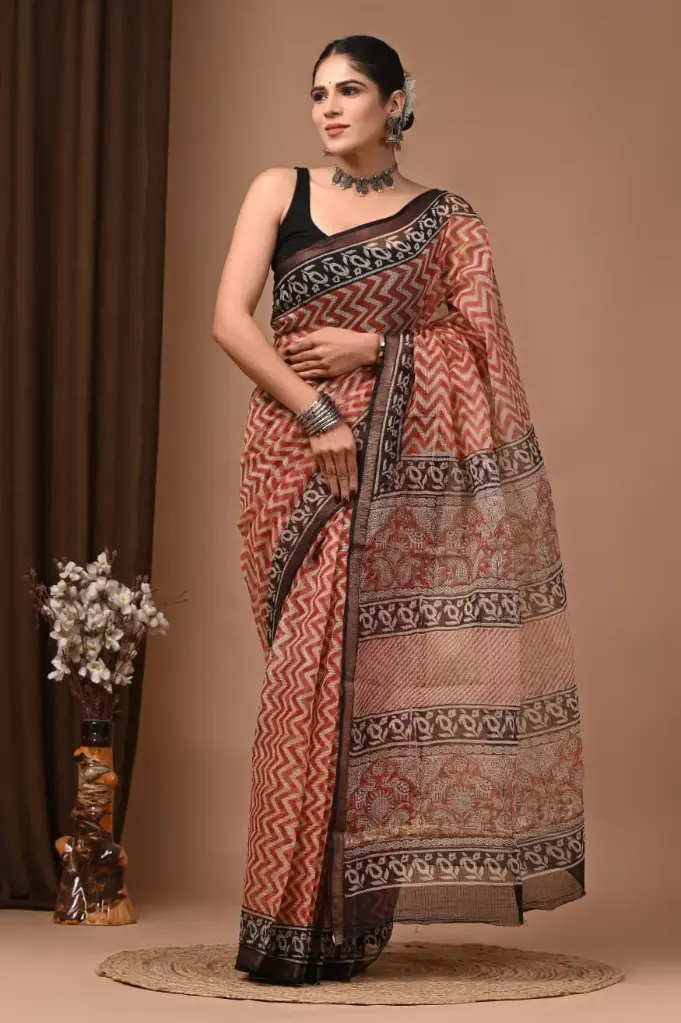Premium Handcrafted Kota Doriya Saree – Hand Block Printed (Dabu, Bagru, Jahota) with Blouse Piece