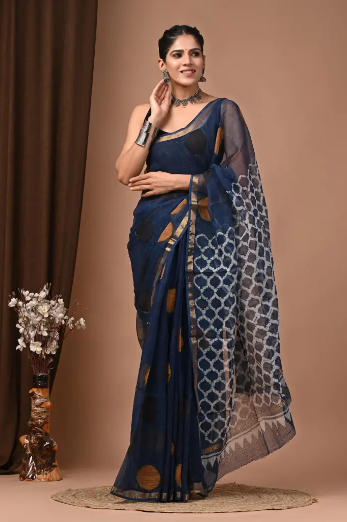 Premium Handcrafted Kota Doriya Saree – Hand Block Printed (Dabu, Bagru, Jahota) with Blouse Piece