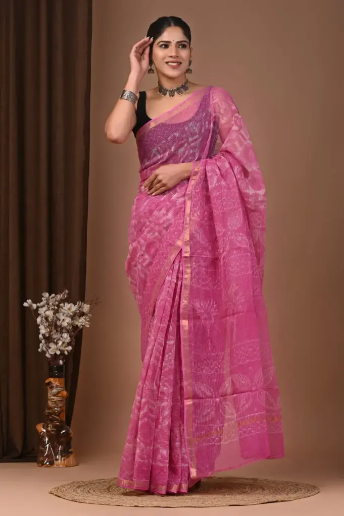 Premium Handcrafted Kota Doriya Saree – Hand Block Printed (Dabu, Bagru, Jahota) with Blouse Piece