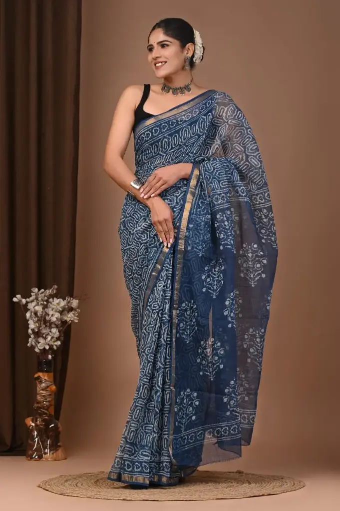 Premium Handcrafted Kota Doriya Saree – Hand Block Printed (Dabu, Bagru, Jahota) with Blouse Piece