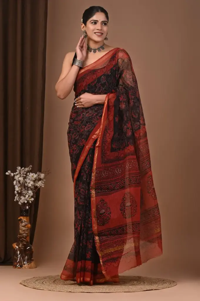 Premium Handcrafted Kota Doriya Saree – Hand Block Printed (Dabu, Bagru, Jahota) with Blouse Piece
