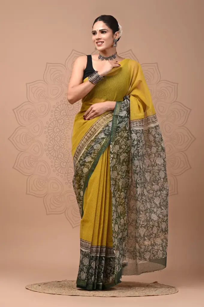 Premium Handcrafted Kota Doriya Saree – Hand Block Printed (Dabu, Bagru, Jahota) with Blouse Piece