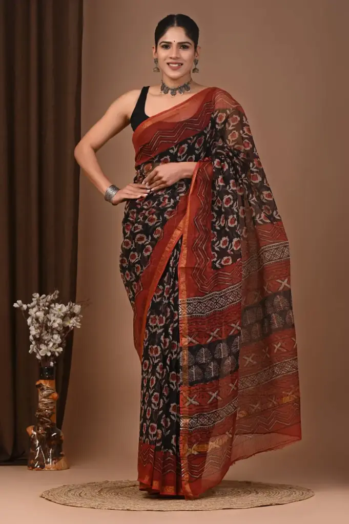 Premium Handcrafted Kota Doriya Saree – Hand Block Printed (Dabu, Bagru, Jahota) with Blouse Piece