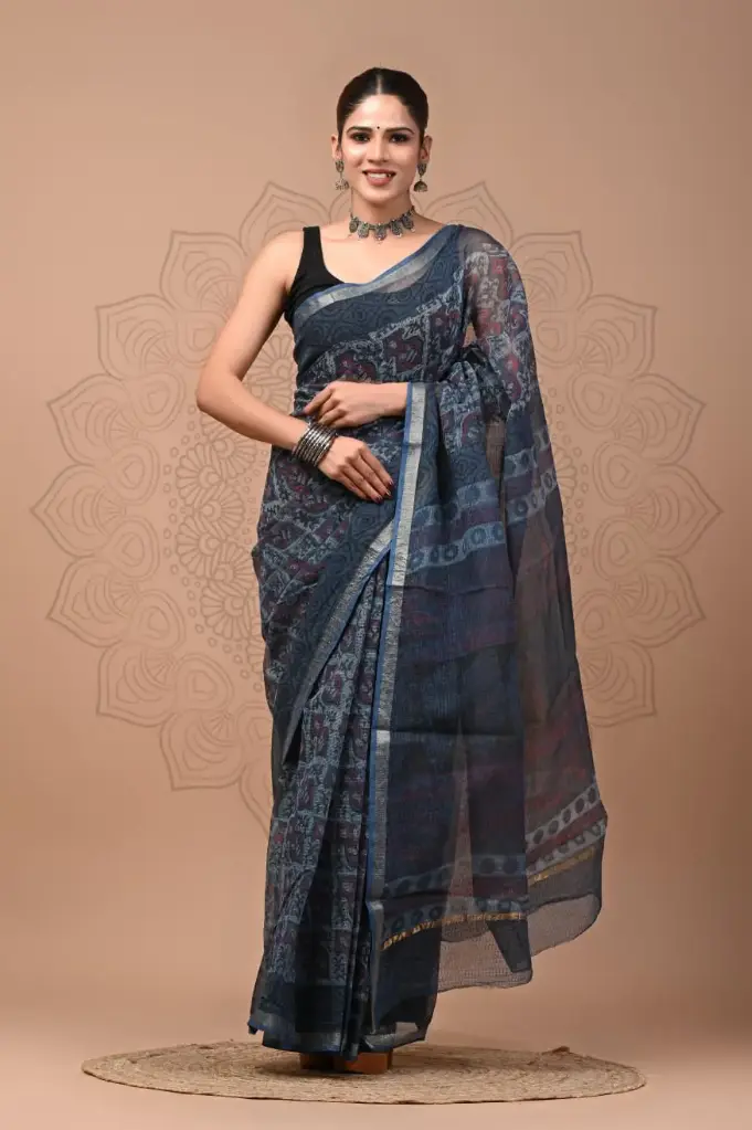 Premium Handcrafted Kota Doriya Saree – Hand Block Printed (Dabu, Bagru, Jahota) with Blouse Piece