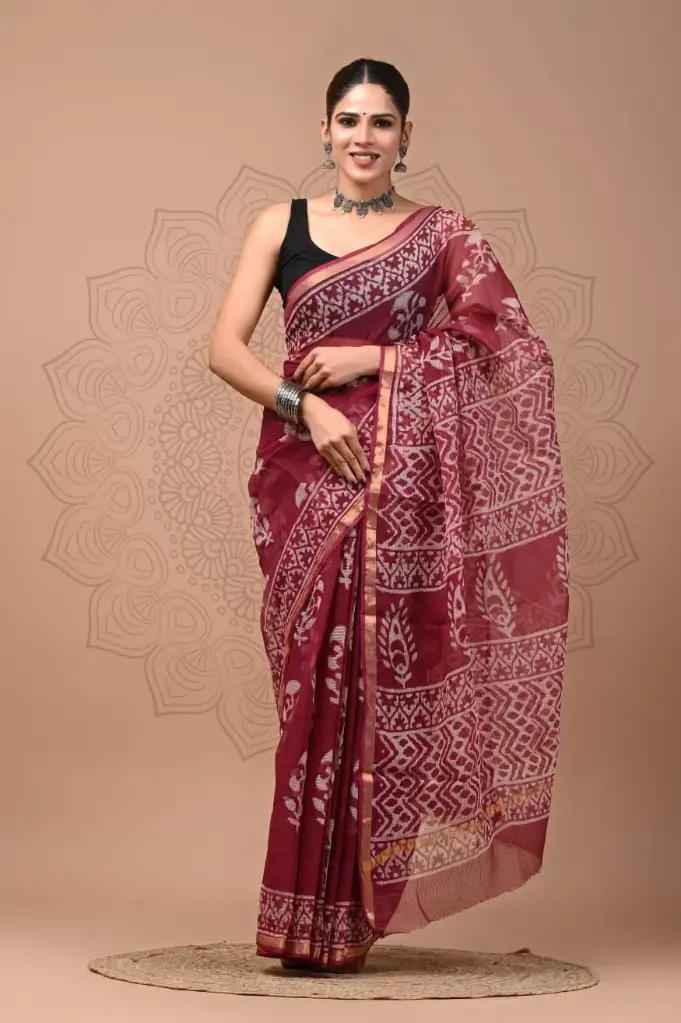 Premium Handcrafted Kota Doriya Saree – Hand Block Printed (Dabu, Bagru, Jahota) with Blouse Piece