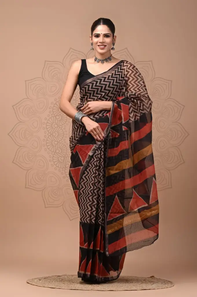 Premium Handcrafted Kota Doriya Saree – Hand Block Printed (Dabu, Bagru, Jahota) with Blouse Piece
