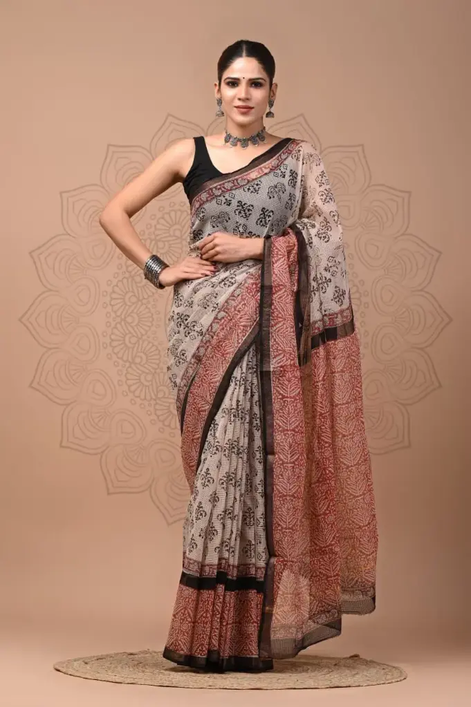 Premium Handcrafted Kota Doriya Saree – Hand Block Printed (Dabu, Bagru, Jahota) with Blouse Piece