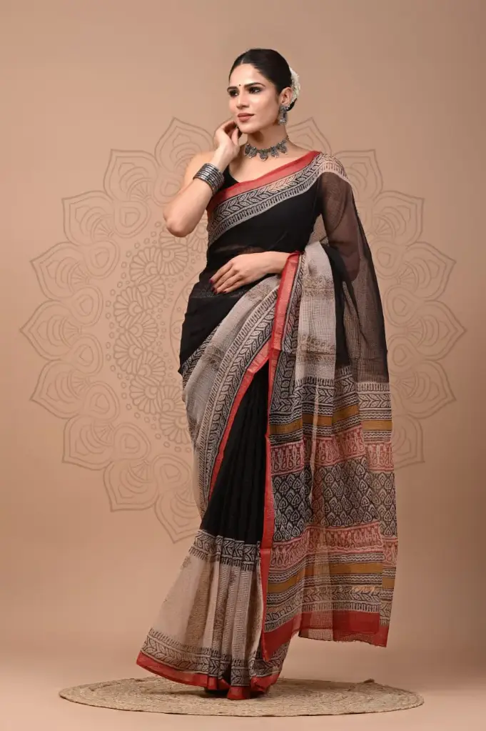Premium Handcrafted Kota Doriya Saree – Hand Block Printed (Dabu, Bagru, Jahota) with Blouse Piece