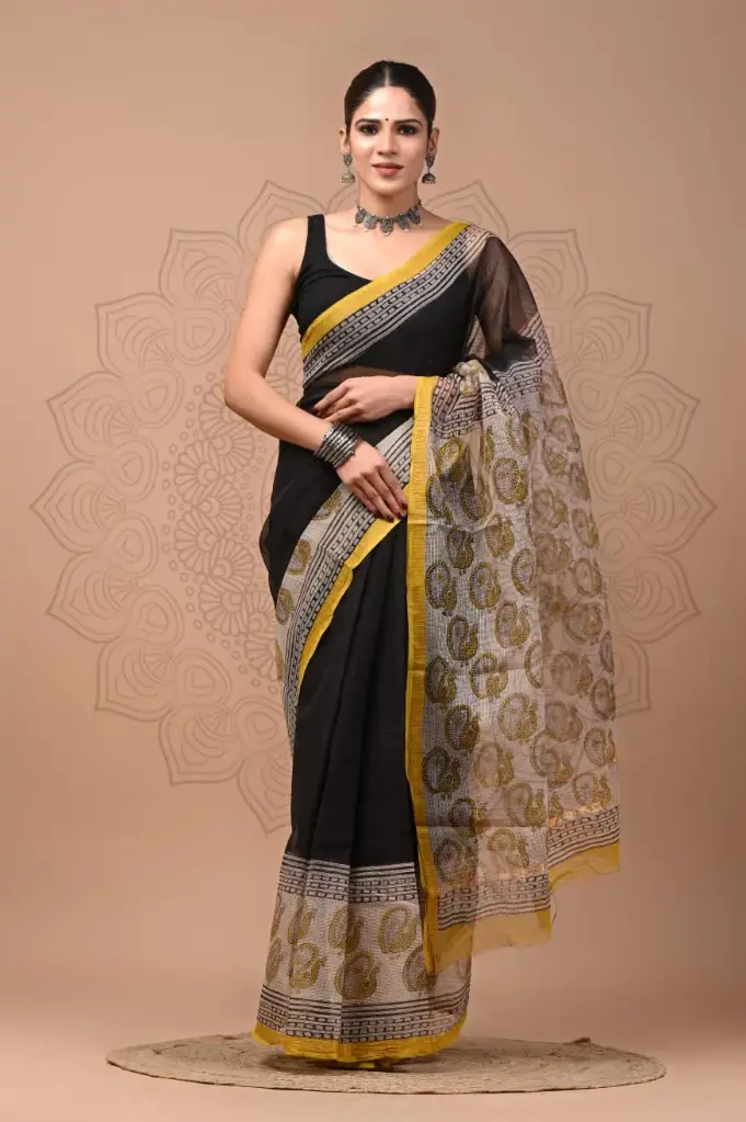 Premium Handcrafted Kota Doriya Saree – Hand Block Printed (Dabu, Bagru, Jahota) with Blouse Piece