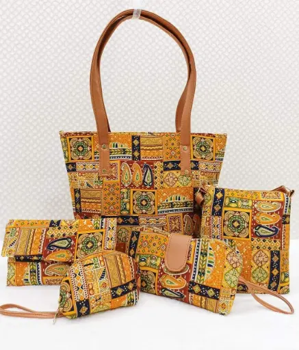 Bagru Printed 5-in-1 Combo Set | Handbag, Sling, Goggle Case, Envelope & Coin Pouch | Leather/Rexine Finish