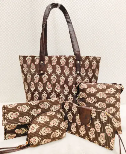 Bagru Printed 5-in-1 Combo Set | Handbag, Sling, Goggle Case, Envelope & Coin Pouch | Leather/Rexine Finish