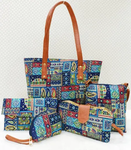 Bagru Printed 5-in-1 Combo Set | Handbag, Sling, Goggle Case, Envelope & Coin Pouch | Leather/Rexine Finish