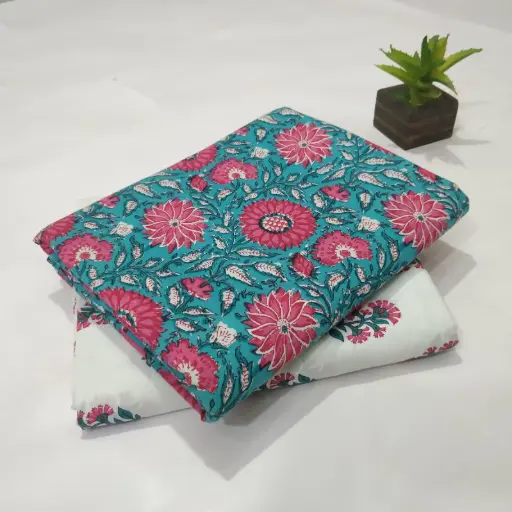 Hand Block Print Cotton Suit Fabric Combo (5m, 2 Pc Set)