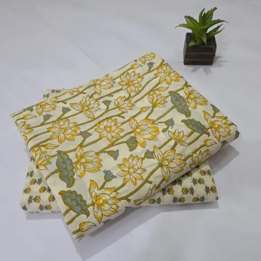 Hand Block Print Cotton Suit Fabric Combo (5m, 2 Pc Set)