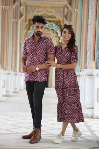 Traditional Bagru Hand Block Printed Cotton Long Dress | Front Open One Piece with Wooden Buttons