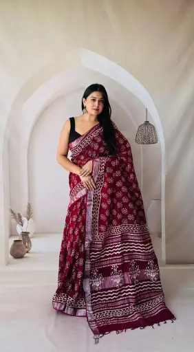 Hand Block Printed Pure Linen Saree with Cotton Blouse Piece | Elegant Ethnic Wear