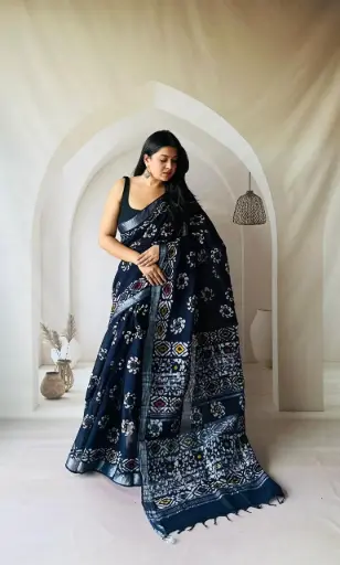 Hand Block Printed Pure Linen Saree with Cotton Blouse Piece | Elegant Ethnic Wear
